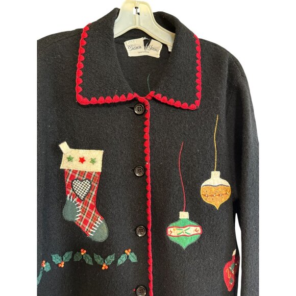 Vtg Sharon Young Black Wool Christmas Cardigan Santa Bear Button Down Hong Kong - Picture 3 of 15